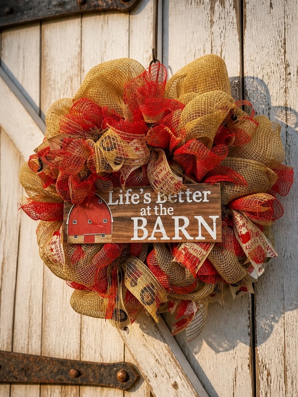 New - Hand Crafted Khaki and Red Deco Mesh Wreath